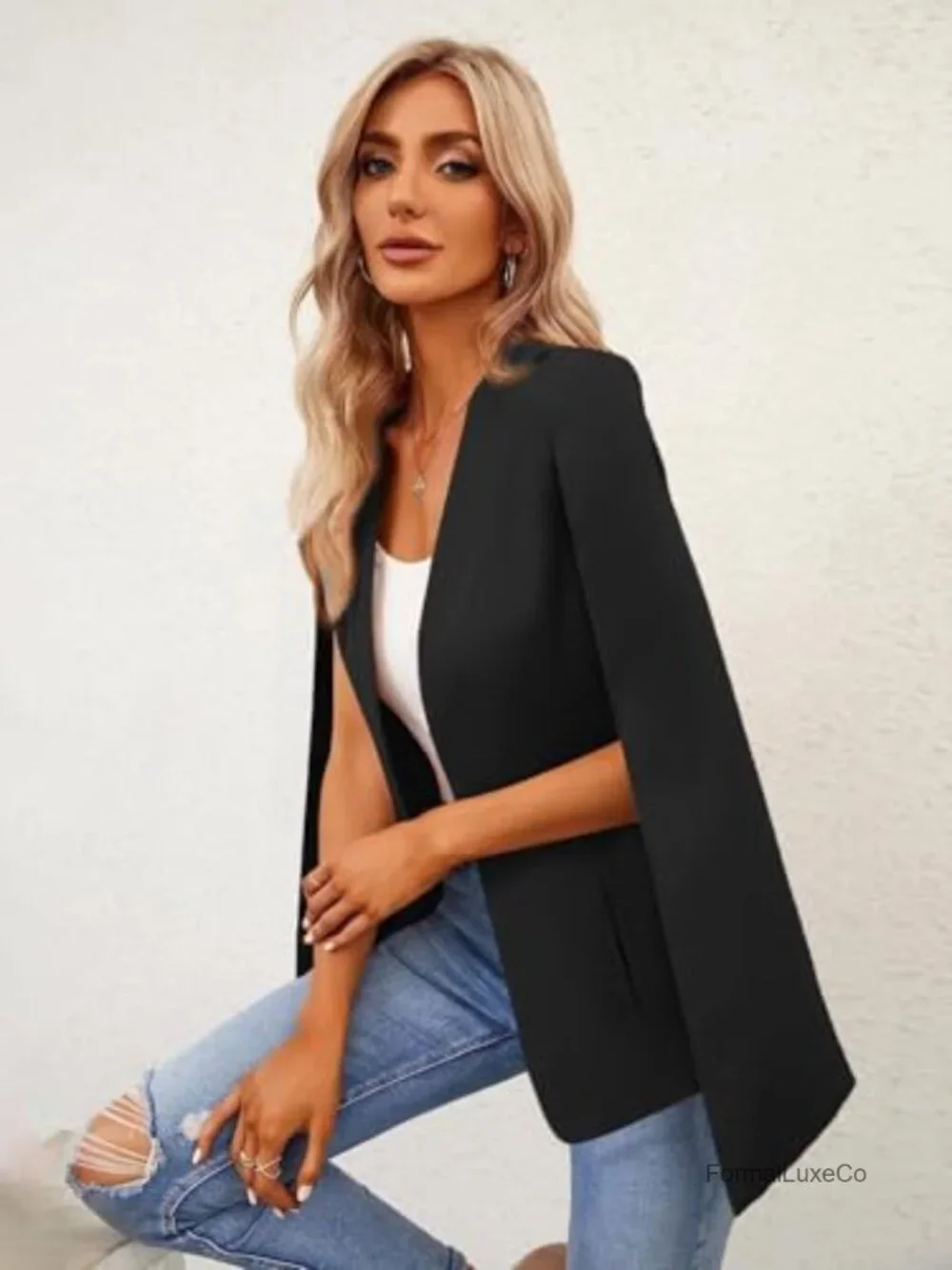 Open Front Cape Blazer with Split Sleeves, Casual Business Suit Jacket